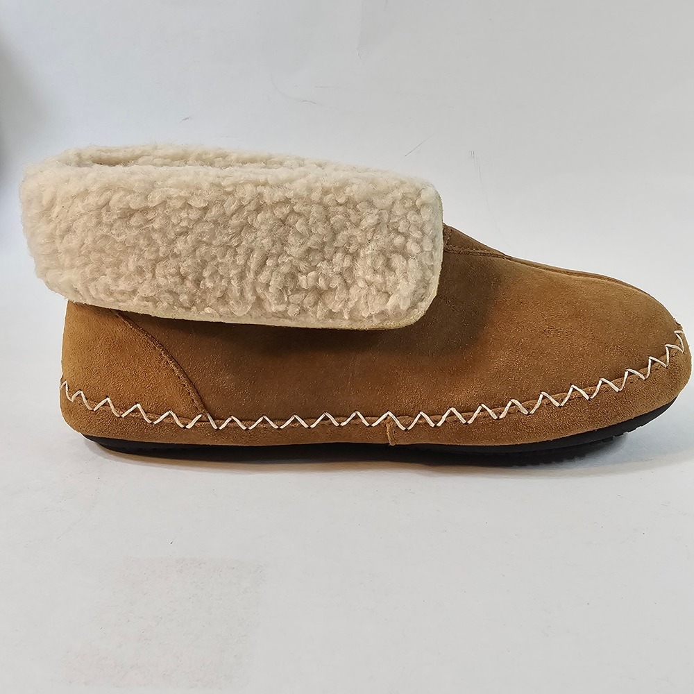 Isotoner Womens Tan Suede Moccasin Boot Slippers Fleece Lined Fold Cuff - Picture 8 of 9
